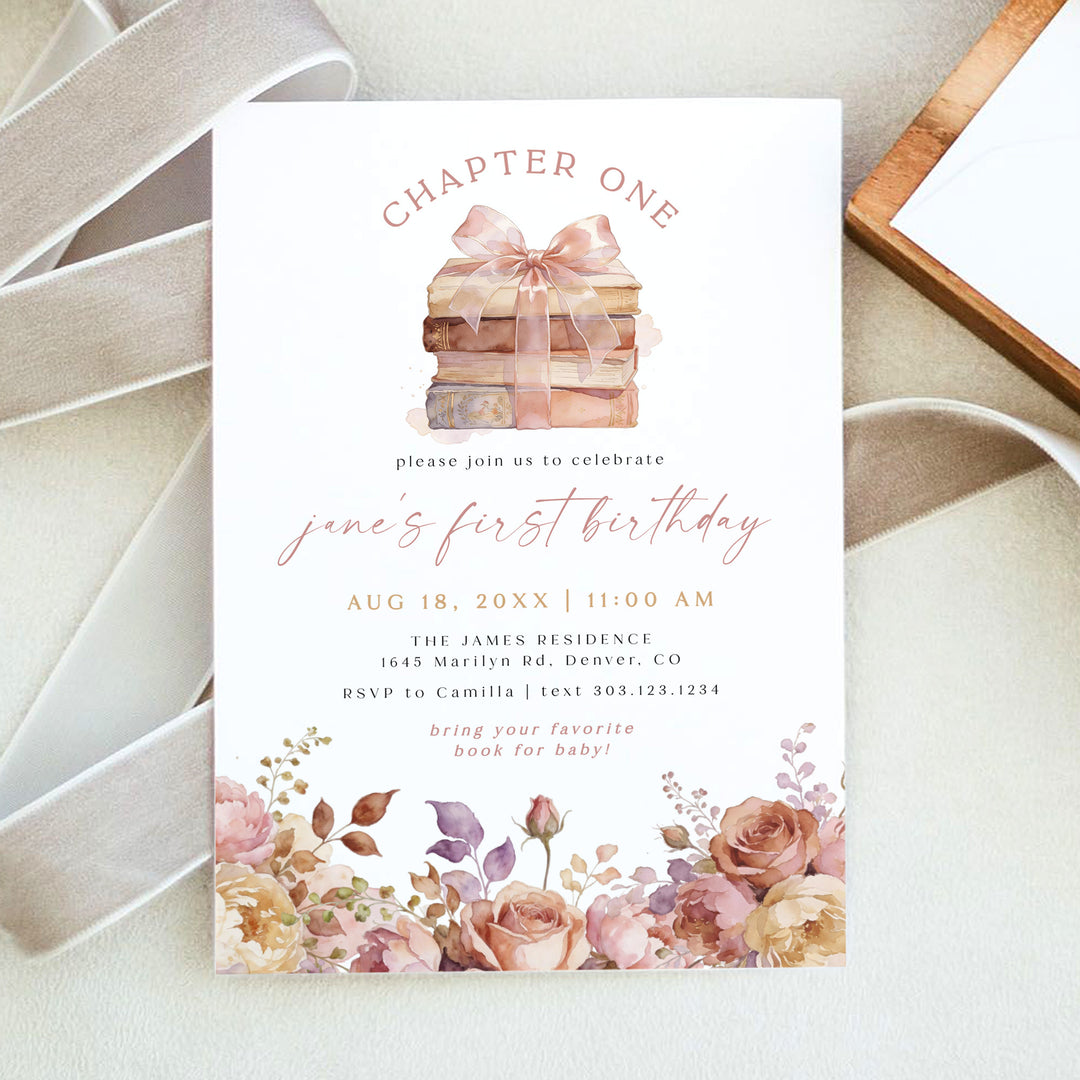 JANE Blush Pink Floral Storybook First Birthday Party Invitation