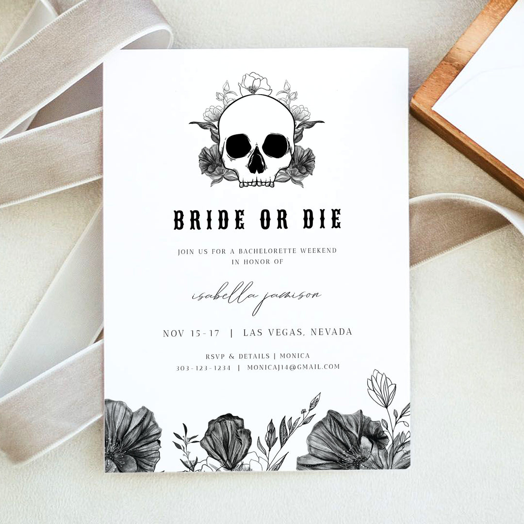 NOVA Bride or Die Bachelorette Invitation & Weekend Itinerary