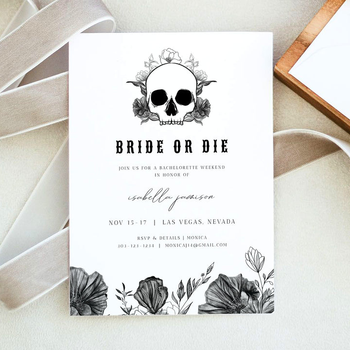 NOVA Bride or Die Bachelorette Invitation & Weekend Itinerary