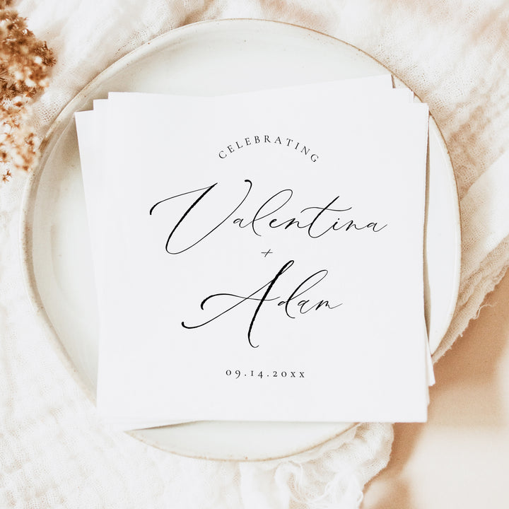 VALENTINA Personalized Black and White Elegant Wedding Napkins