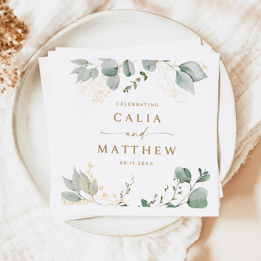 CALIA Sage Green and Gold Eucalyptus Wedding Napkins