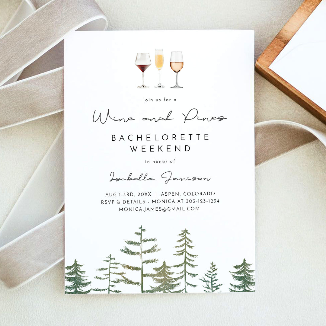 TIMBER Wine and Pines Camping Bachelorette Invitation & Itinerary