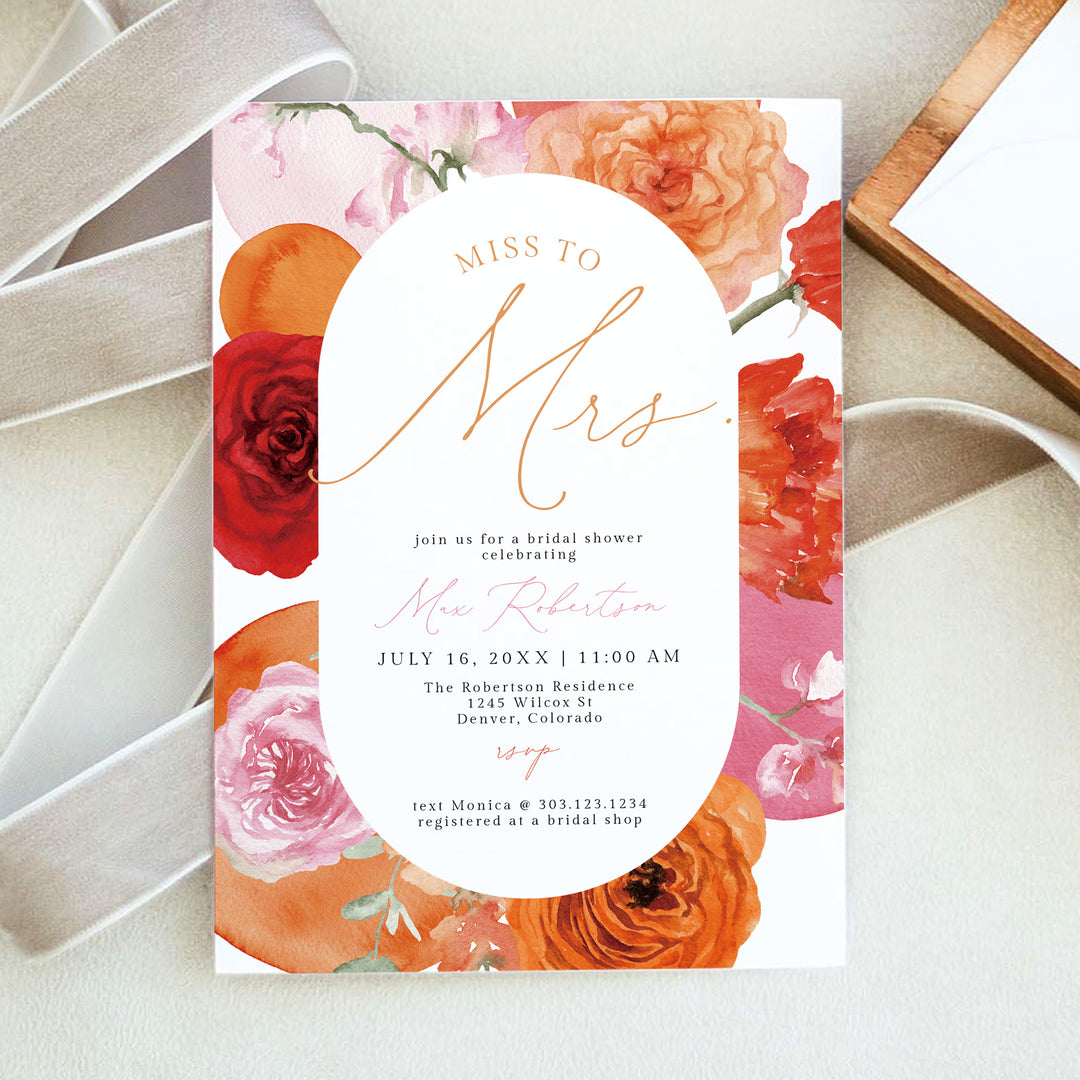 MAX Miss to Mrs Hot Pink & Orange Floral Bridal Shower Invitations