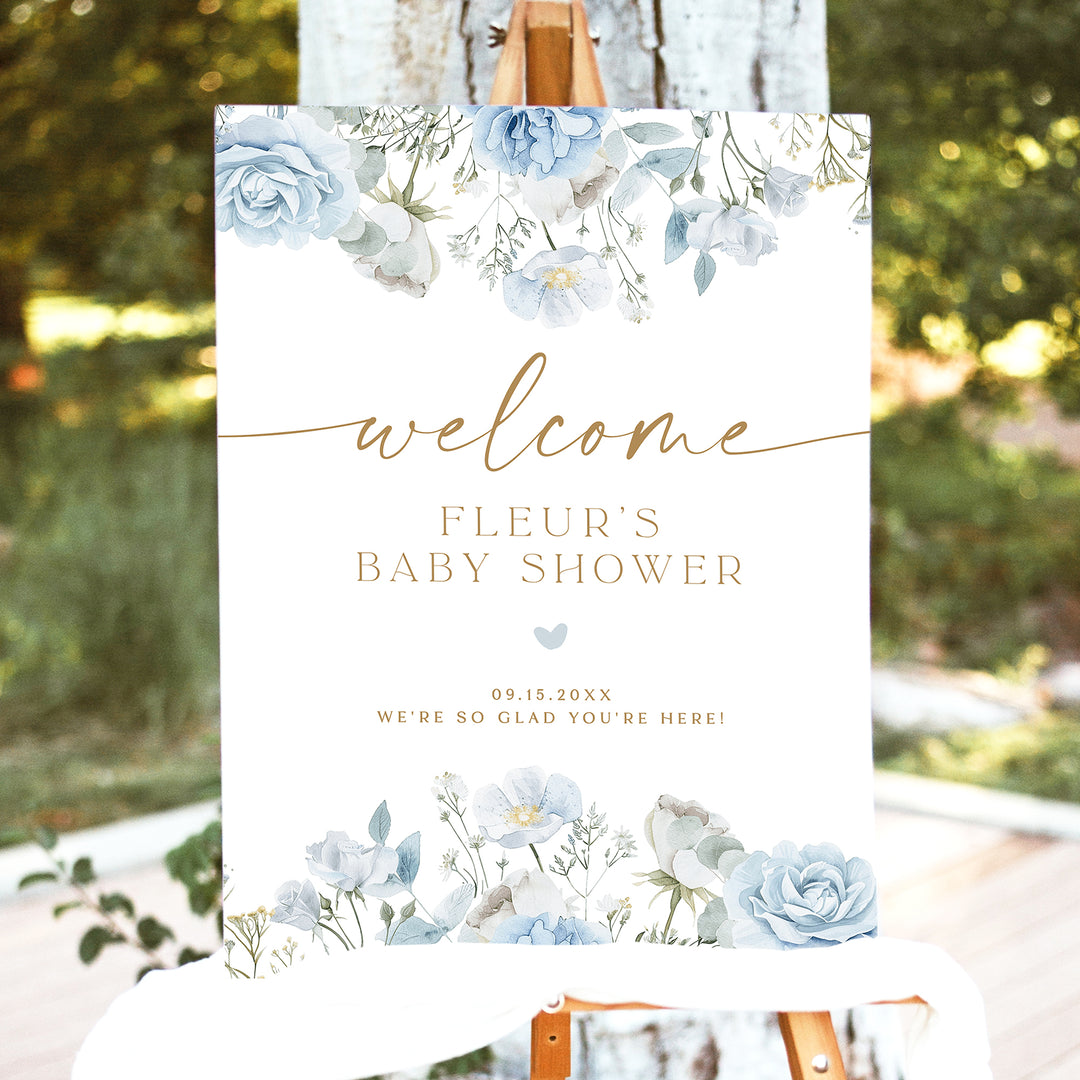 FLEUR Dusty Blue Boho Floral Baby Shower Welcome Sign