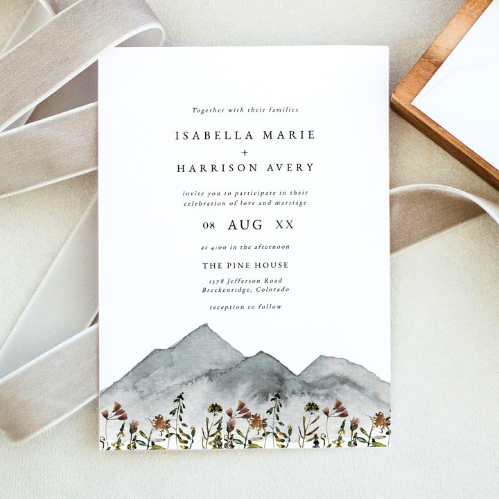 HEIDI Rustic Outdoor Wedding Invitation with Watercolor Mountains