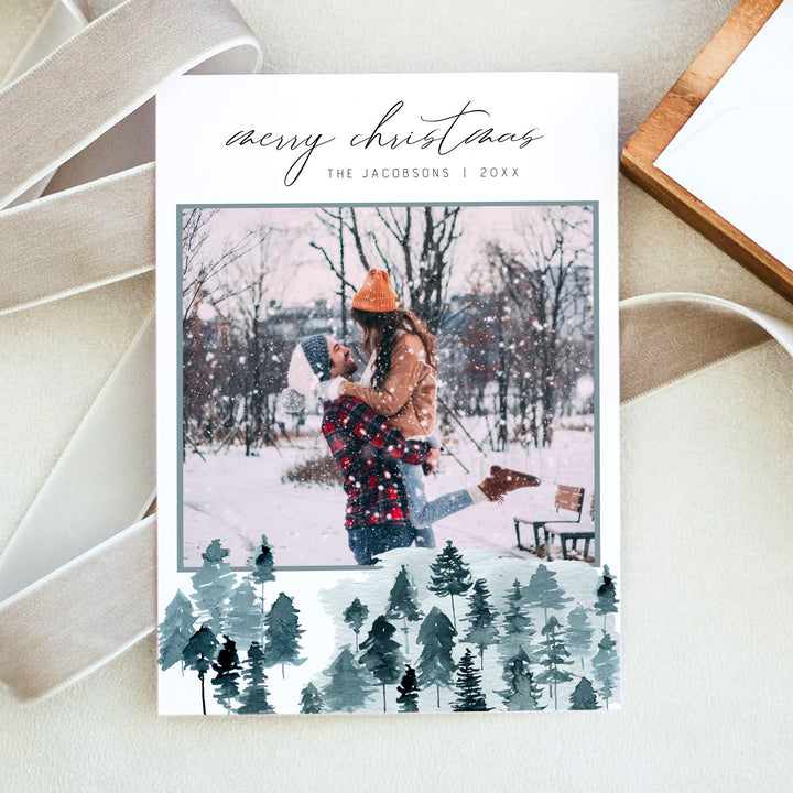 EGRET Slate Blue Pine Tree Watercolor Christmas Cards Set