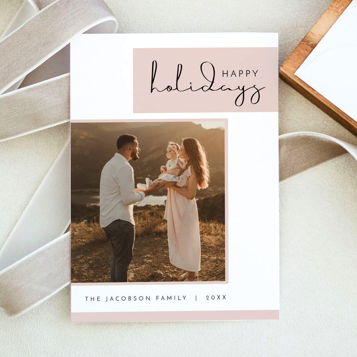 JALAINE Modern Blush Pink Happy Holidays Card with Photos