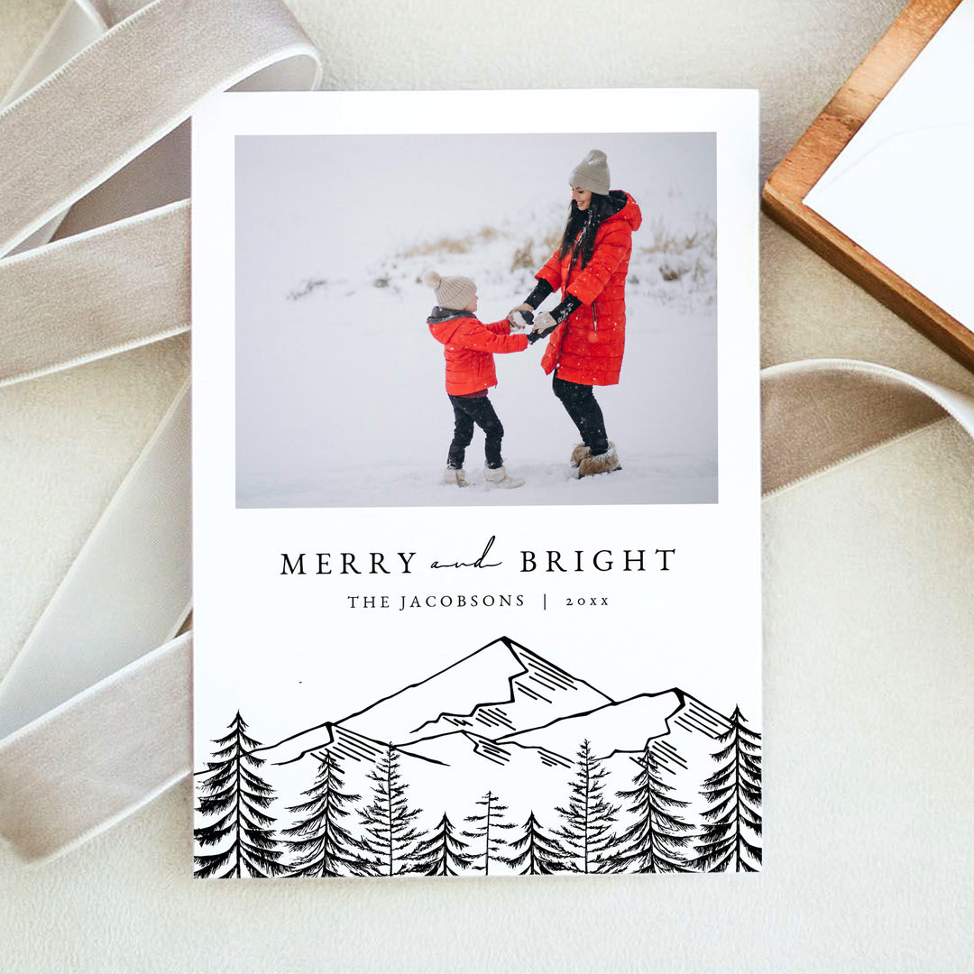 ANTORA Rustic Merry and Bright Mountain Illustration Christmas Card