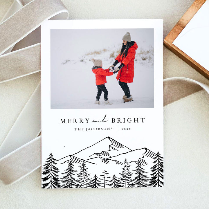 ANTORA Rustic Merry and Bright Mountain Illustration Christmas Card