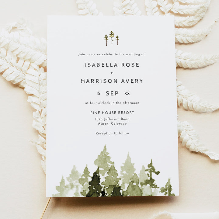 JENNA Rustic Forest Green Wedding Invitation Suite with Photo