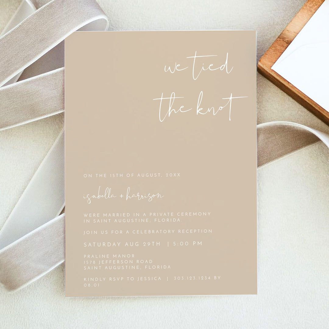 INDIE We Tied the Knot Minimalist Beige Elopement Invitation