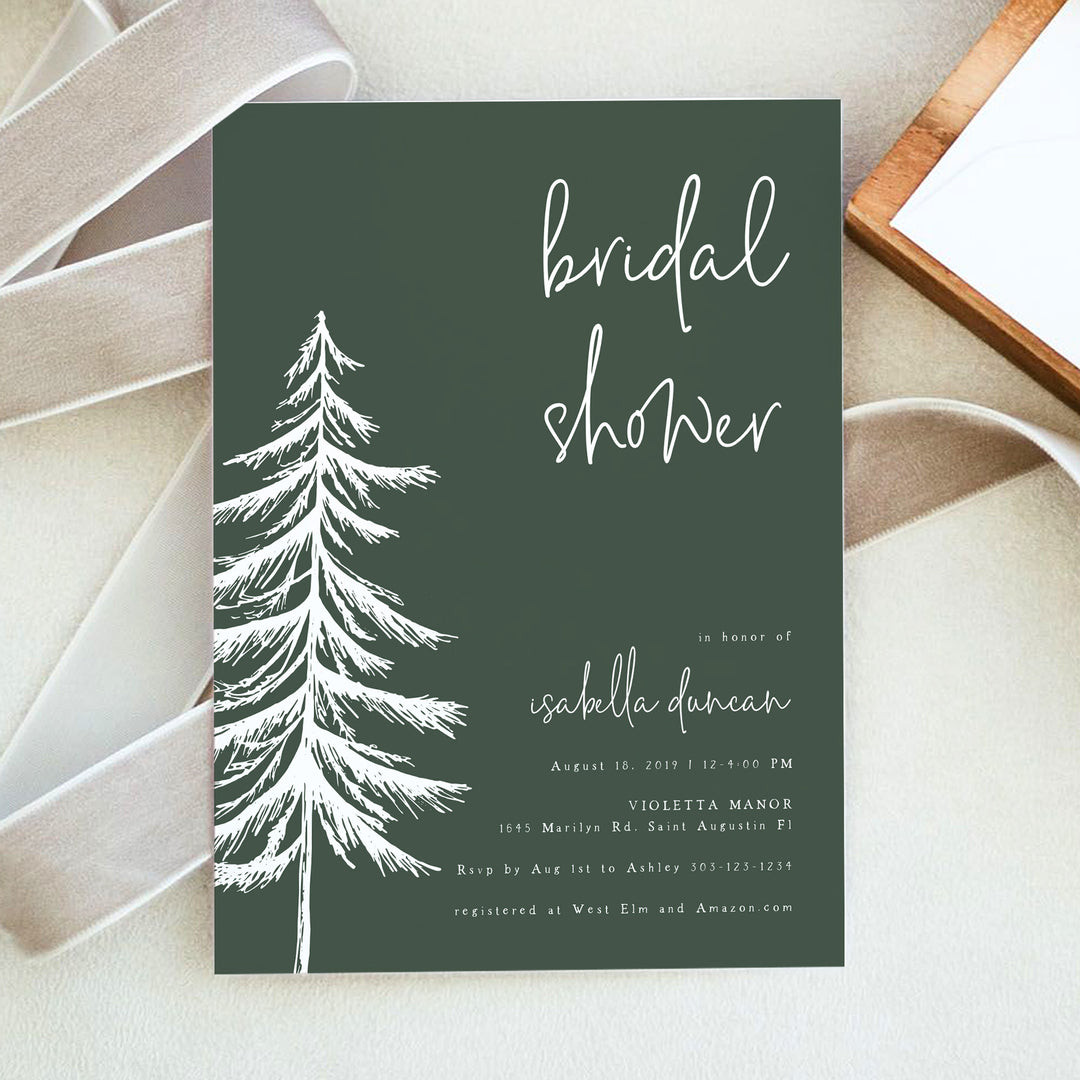 ASH Rustic Forest Green Pine Tree Bridal Shower Photo Invite