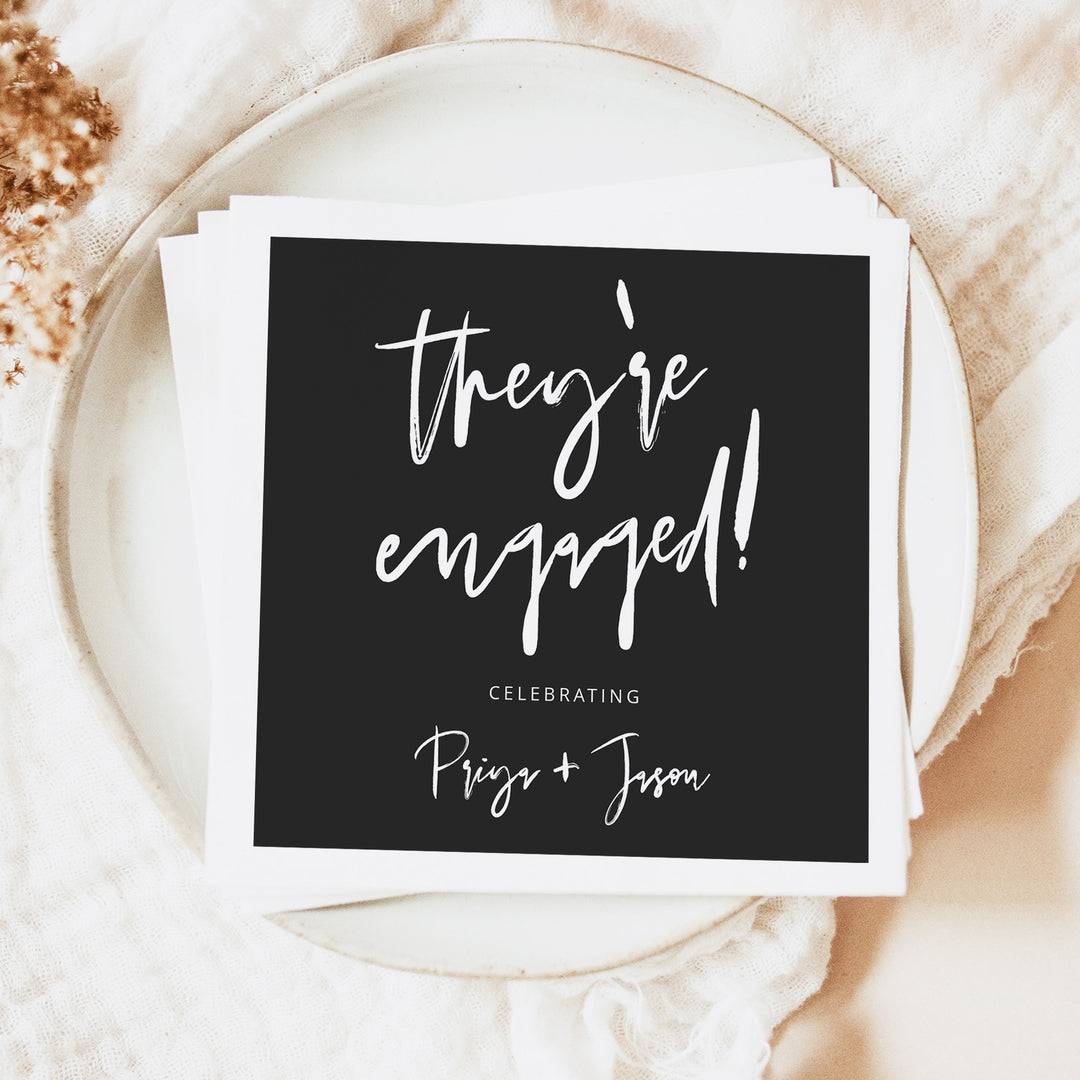 PRIYA They're Engaged Minimalist Black Engagement Napkins