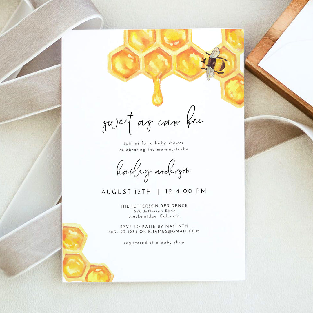 ROMY Rustic Yellow Bumble Bee Baby Shower Photo Invitation