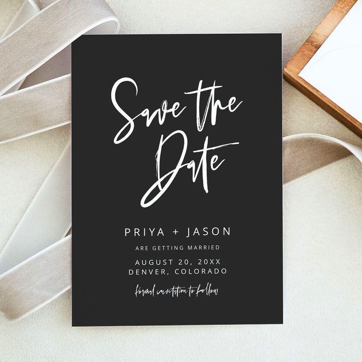 PRIYA Modern Black and White Wedding Save the Dates with Photo