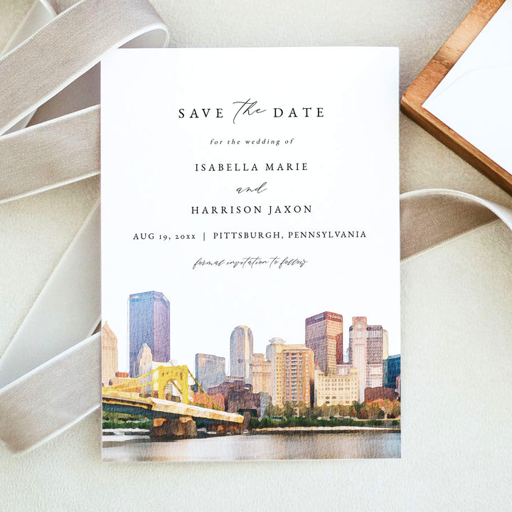 PITTSBURGH Pennsylvania Watercolor Wedding Save the Date Cards with Photo