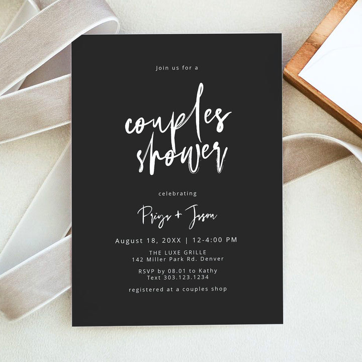 PRIYA Moody Black and White Couples Wedding Shower Invitations