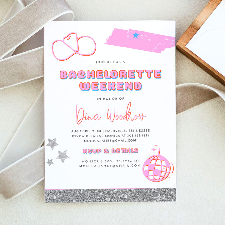 DINA Retro Pink Disco Cowgirl Bachelorette Invitations & Itinerary