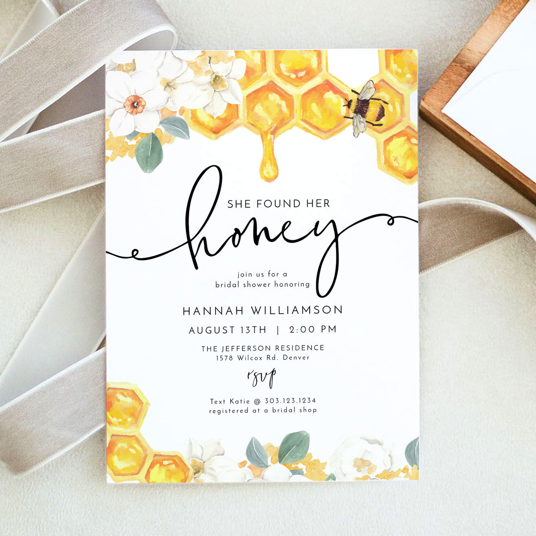 ROMY She Found Her Honey Bee Themed Bridal Shower Invitations