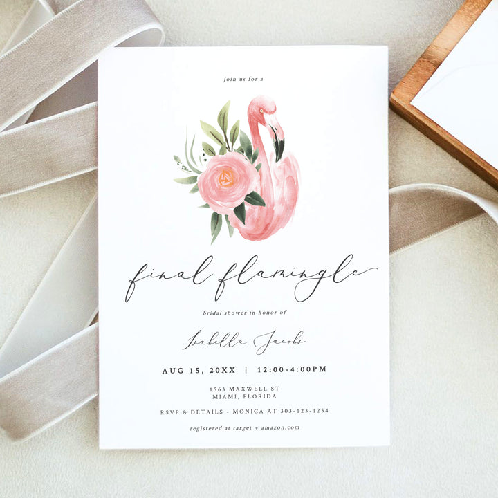 KAYA Final Flamingle Tropical Pink Flamingo Bridal Shower Invitation