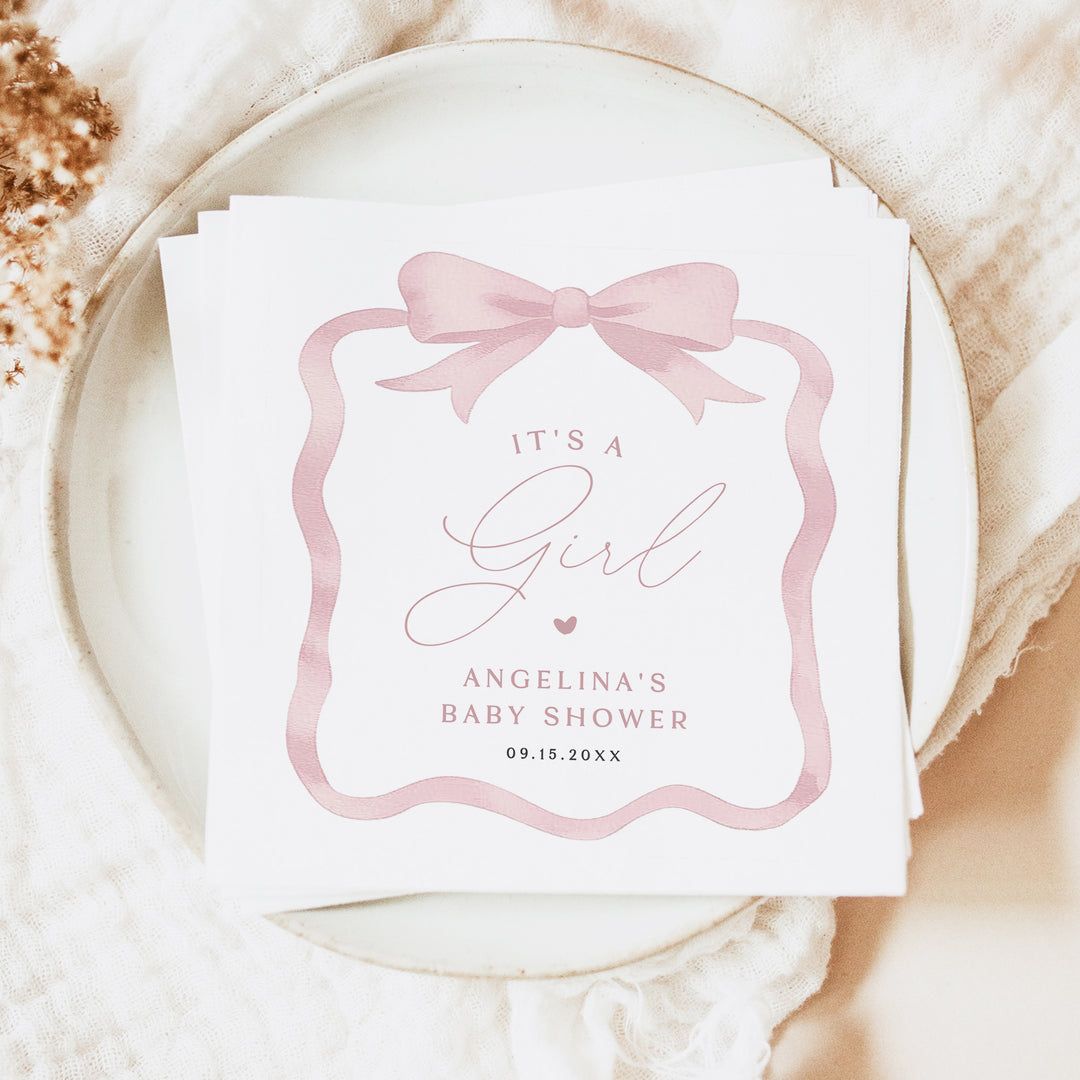 ANGELINA Elegant It's a Girl Pink Bow Baby Shower Napkins