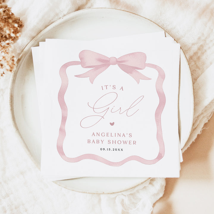ANGELINA Elegant It's a Girl Pink Bow Baby Shower Napkins