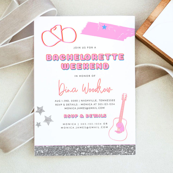 DINA Retro Western Nashville Bride Bachelorette Invite & Itinerary