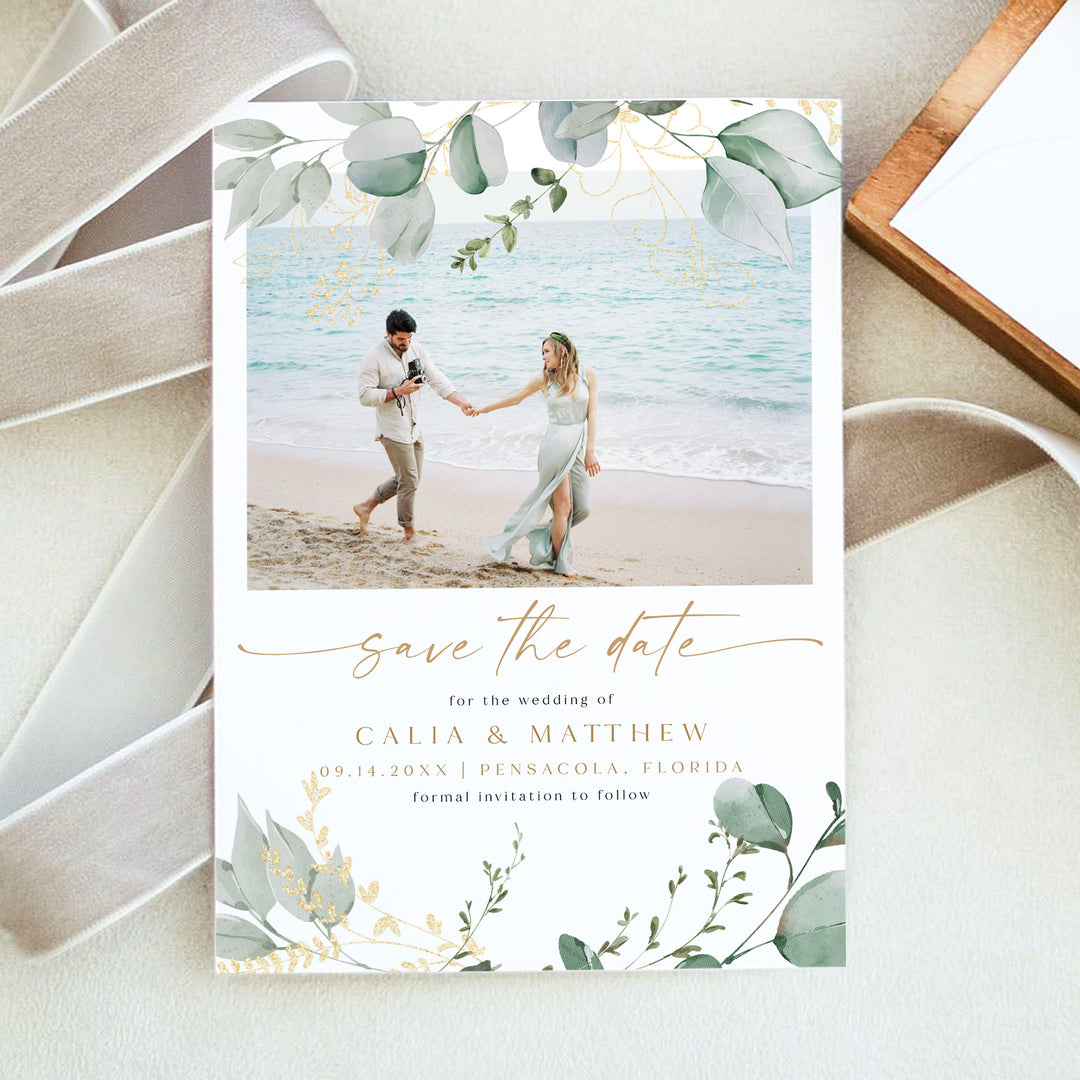CALIA Eucalyptus Watercolor Engagement Photo Save the Date Cards