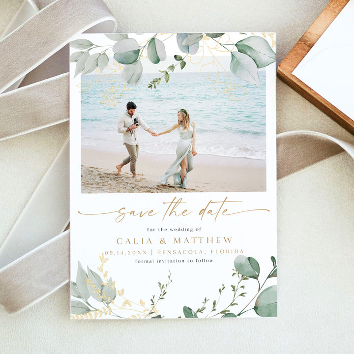 CALIA Eucalyptus Watercolor Engagement Photo Save the Date Cards