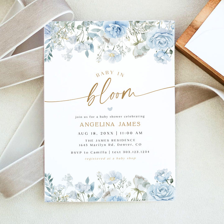 FLEUR Baby in Bloom Dusty Blue Floral Baby Shower Invitation
