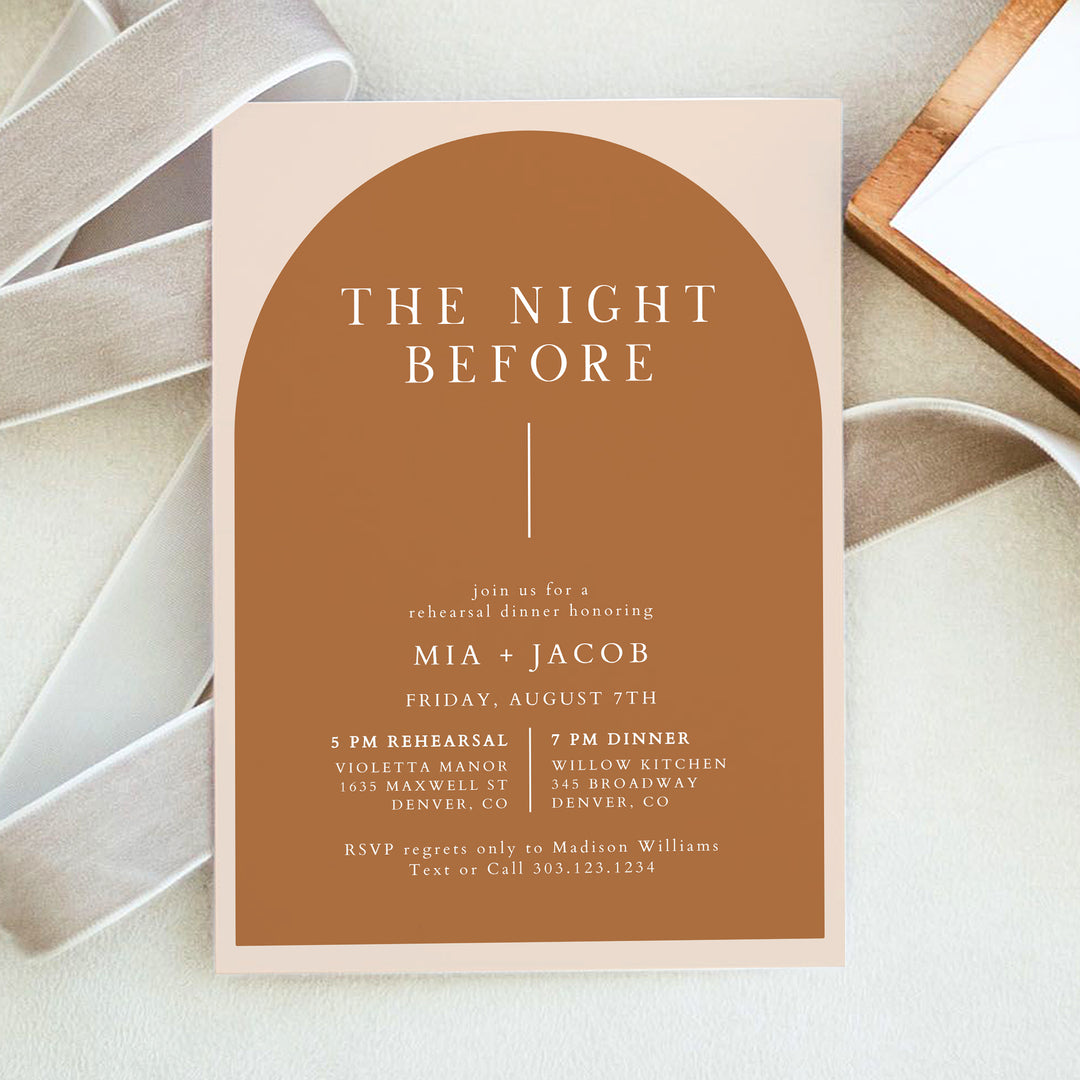 MIA The Night Before Boho Arch Wedding Rehearsal Dinner Invitations