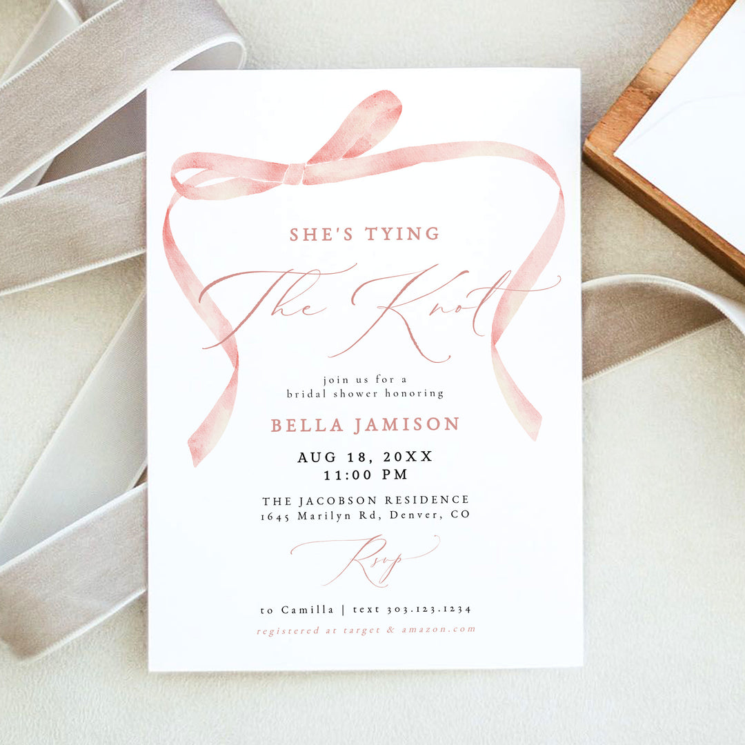 BELLA She's Tying The Knot Blush Pink Bow Bridal Shower Invite