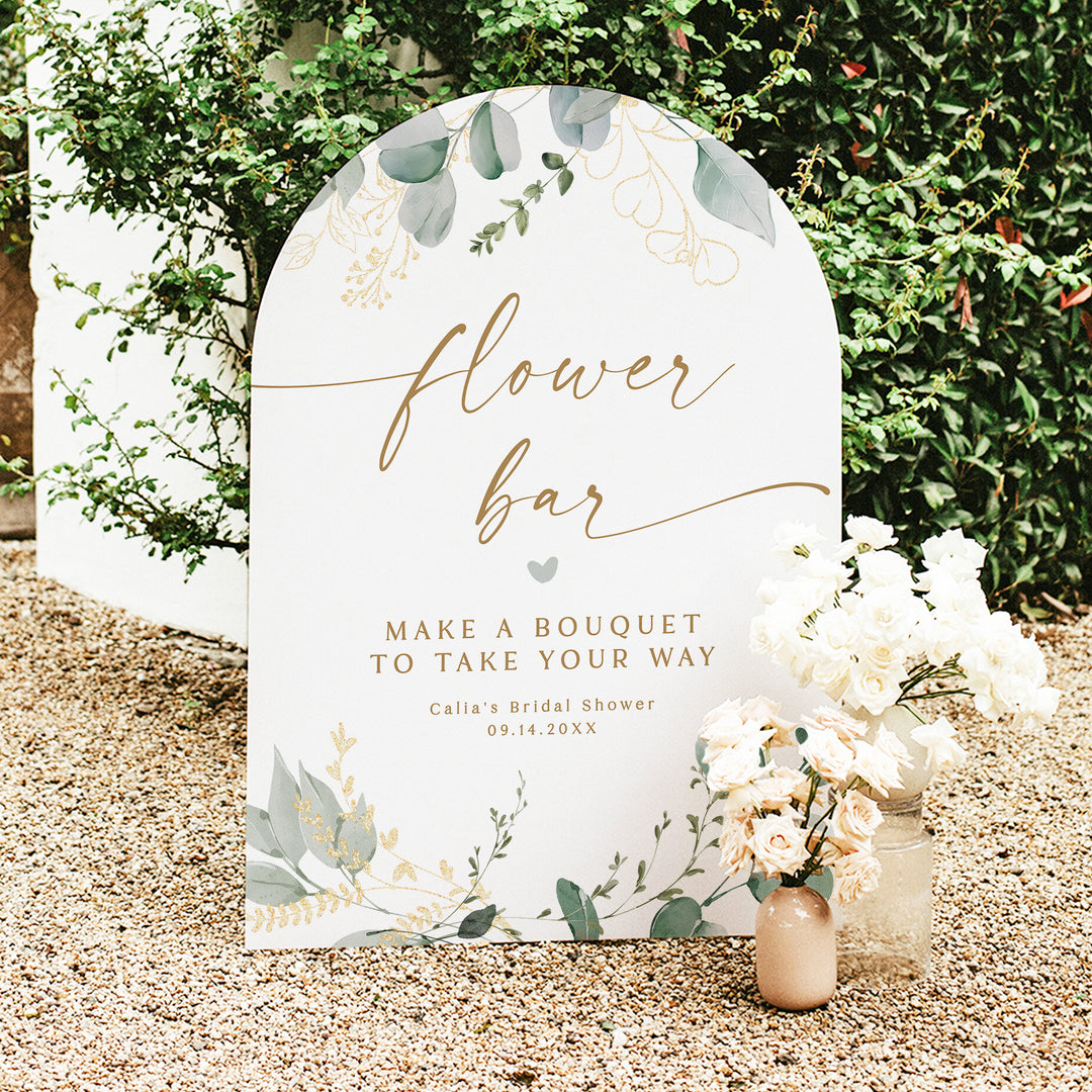 CALIA Greenery & Gold Bridal Shower Flower Bar Sign
