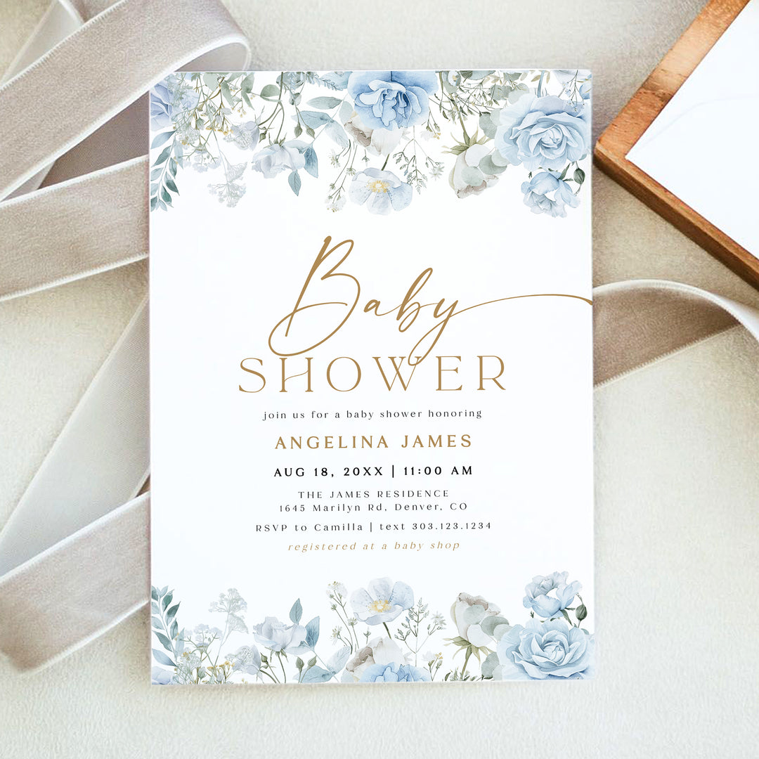 FLEUR Elegant Blue Floral Brunch Baby Shower Invitation