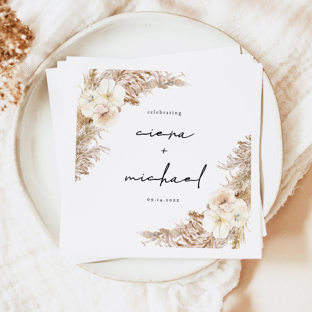 CIERA Cream Floral and Pampas Grass Wedding Napkin