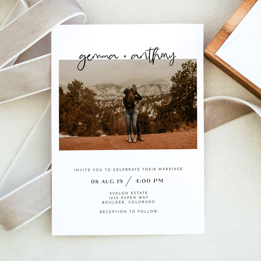 WILLOW Simple Black and White Wedding Invitation with Photos