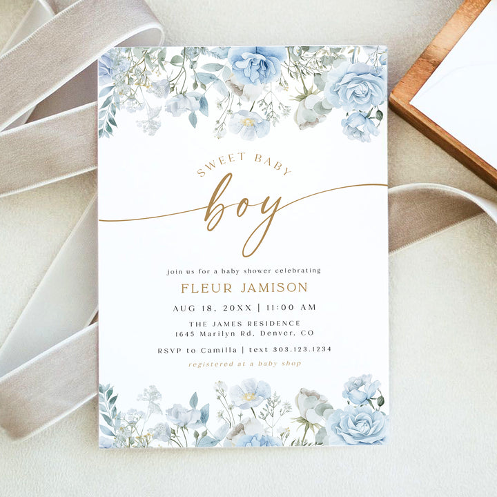 FLEUR Sweet Baby Boy Blue Floral Baby Shower Invitation