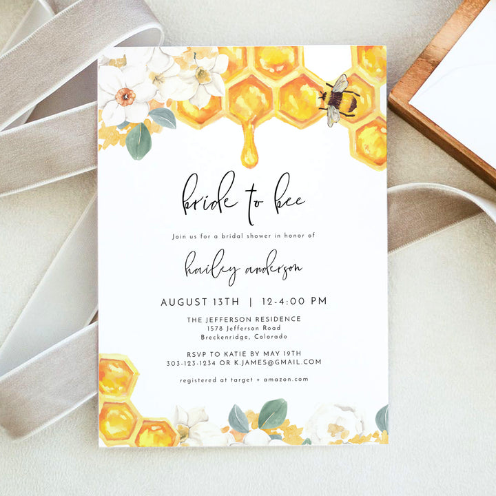 ROMY Bride to Bee Watercolor Bridal Shower Invitation