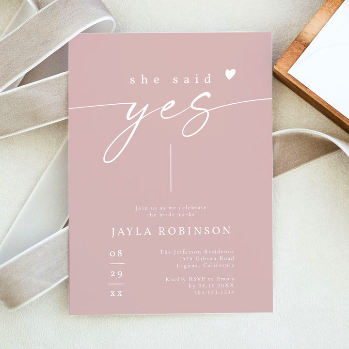 ROGUE Dusty Pink She Said Yes Bridal Shower Luncheon Invite