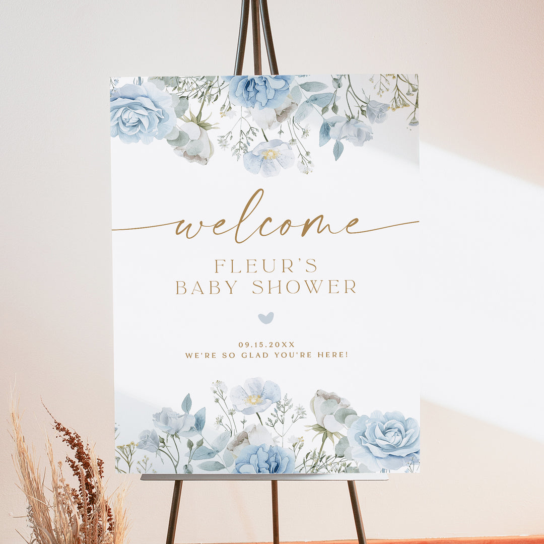 FLEUR Dusty Blue Boho Floral Baby Shower Welcome Sign