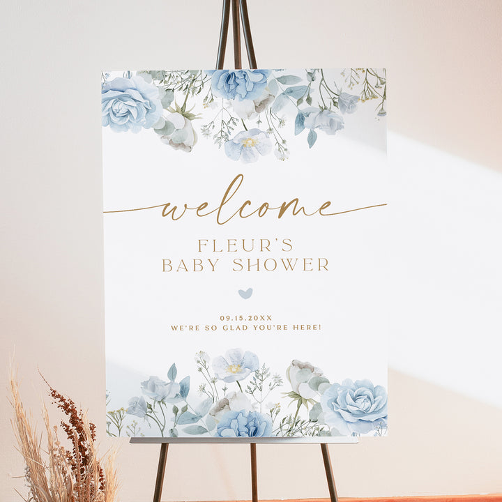 FLEUR Dusty Blue Boho Floral Baby Shower Welcome Sign