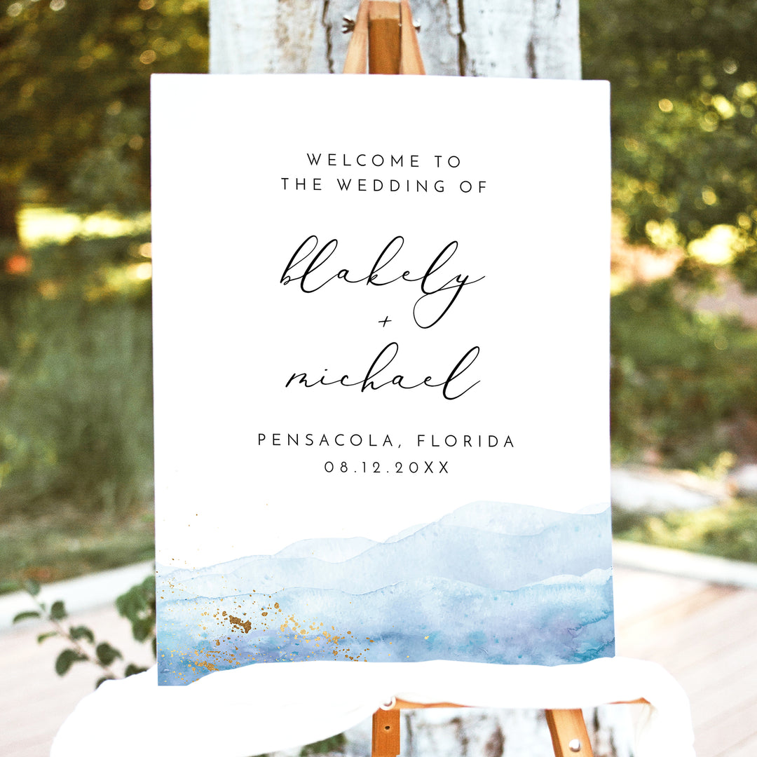 BLAKELY Blue Watercolor Coastal Wedding Welcome Sign