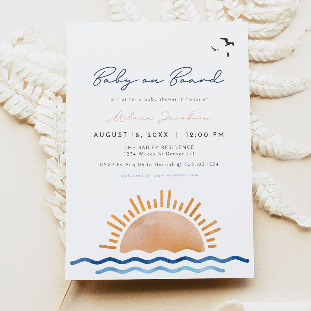 OCEANSIDE Baby on Board Baby Shower Invitation Bundle with Photo