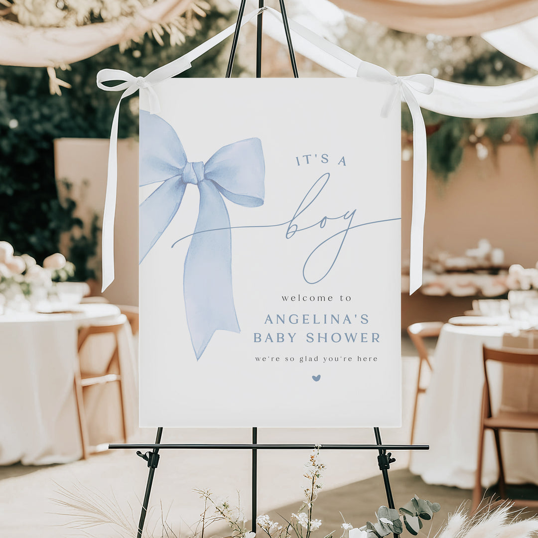 ANGELINA Dusty Blue Bow It's a Boy Baby Shower Welcome Sign