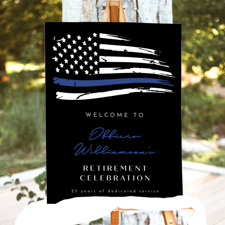 POLICE Black Retirement Party Sign with Thin Blue Line Police Flag