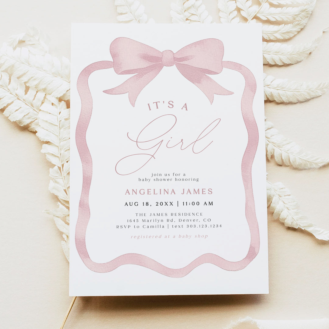 ANGELINA Pink Bow It's a Girl Baby Shower Invitation Bundle
