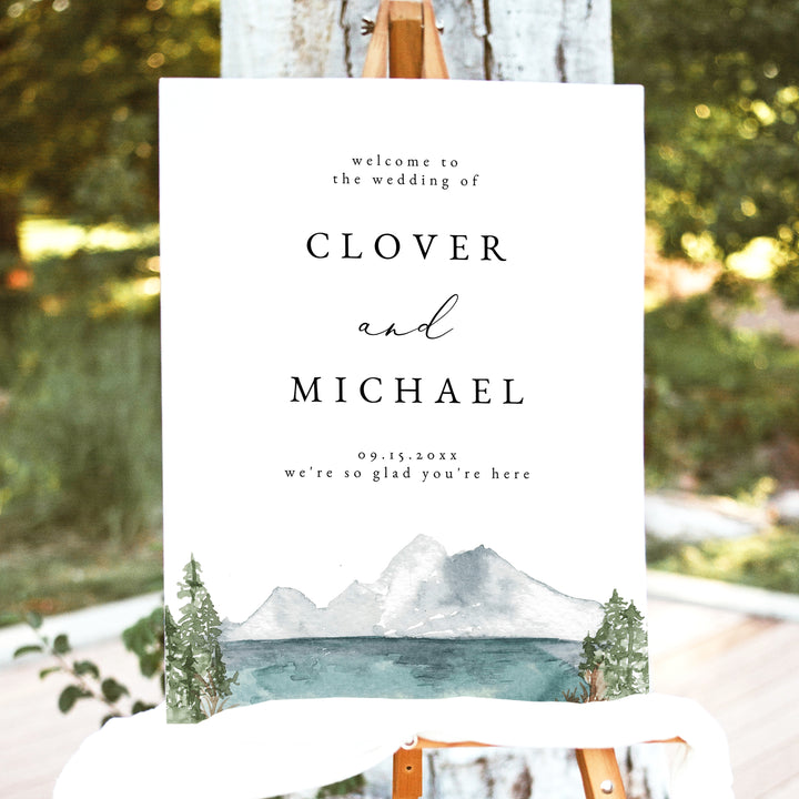 CLOVER Watercolor Mountain Wedding Welcome Sign