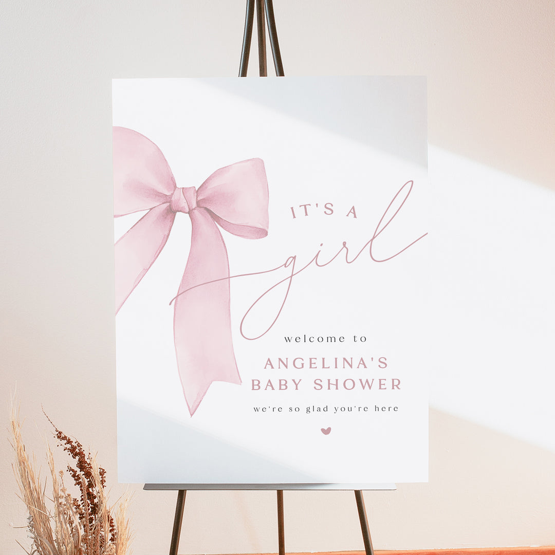 ANGELINA Blush Pink Bow It's a Girl Baby Shower Welcome Sign