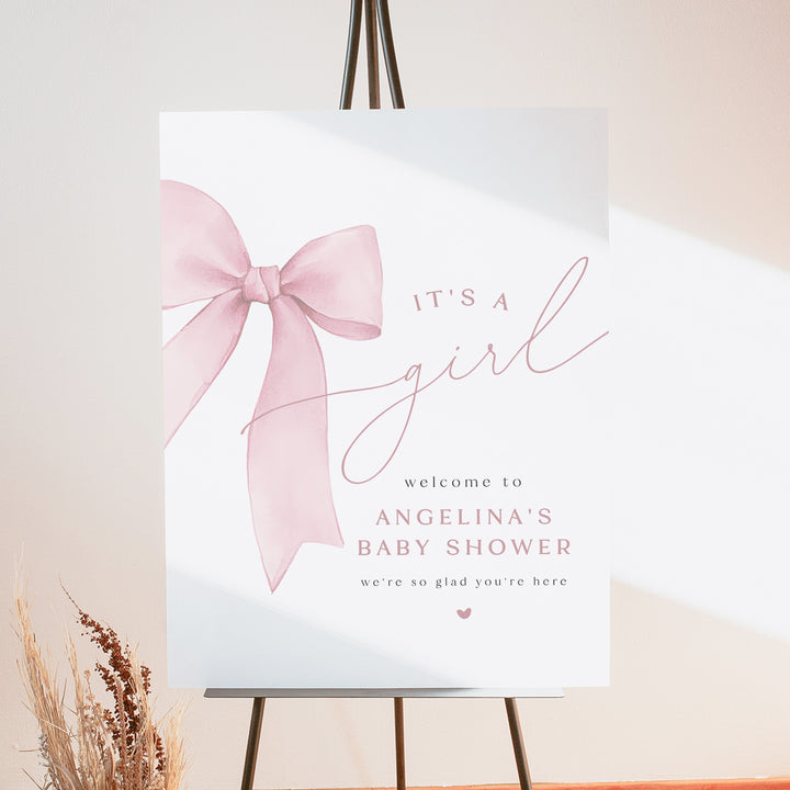 ANGELINA Blush Pink Bow It's a Girl Baby Shower Welcome Sign
