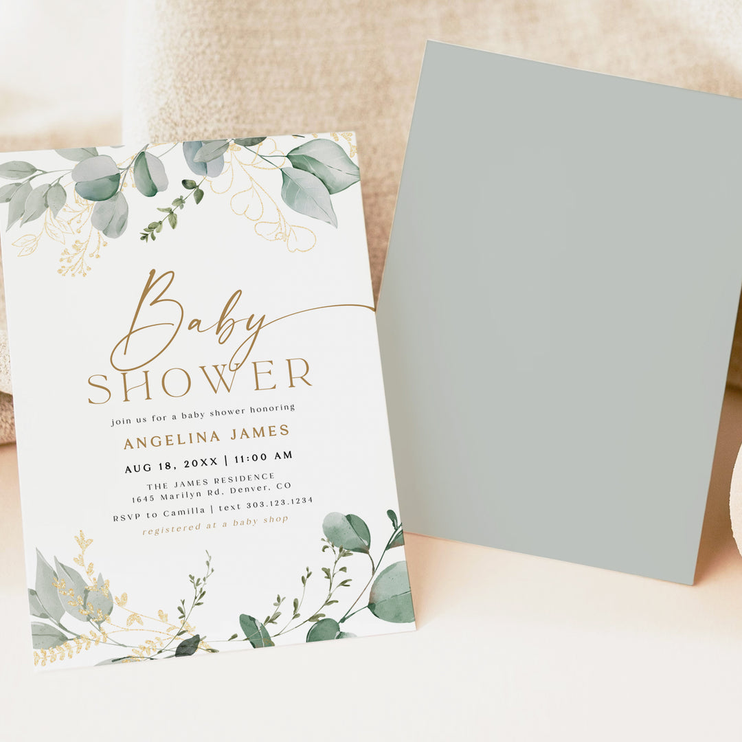 CALIA Elegant Greenery and Gold Baby Shower Invitation
